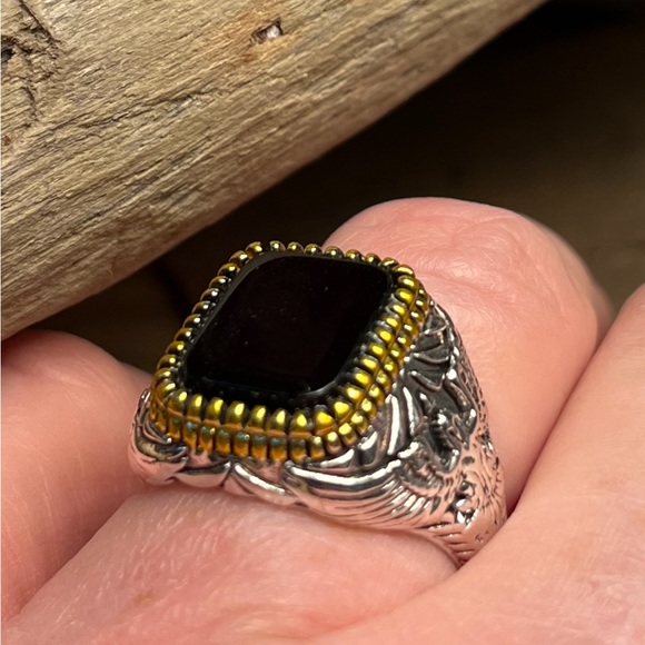 2007-Men’s Engraved Flying Eagle Silver Metal Color Black Inlayed Setting - Picture 3 of 14